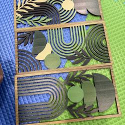 Boho Wall Art Set of 3, Abstract Geometric Wooden Wall Decor, Mid-Century Modern Aesthetic Artwork with Arch, Vase & Botanical 