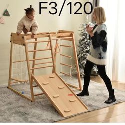 Wooden Indoor Kids Playground Jungle Gym with Slide and Play Table, Toddlers Wooden Climber 8-in-1 Slide Playset, Wooden Rock Climbing Ladder with Rop