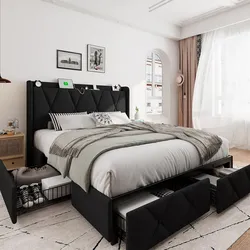 $$Negotiable: Black Upholstered Bed Frame with Storage Drawers