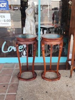 Antique Chinese Pair Of Roses Wood Pedestal Stand