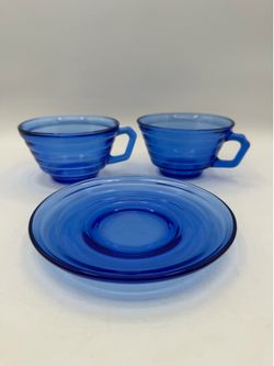 1930’s  Vintage Hazel Atlas Cobalt Moderntone 2 Teacups & 1 Saucer Set Blue