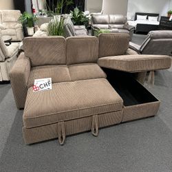 Brown reversible corduroy sectional sleeper sofa with pull out bed