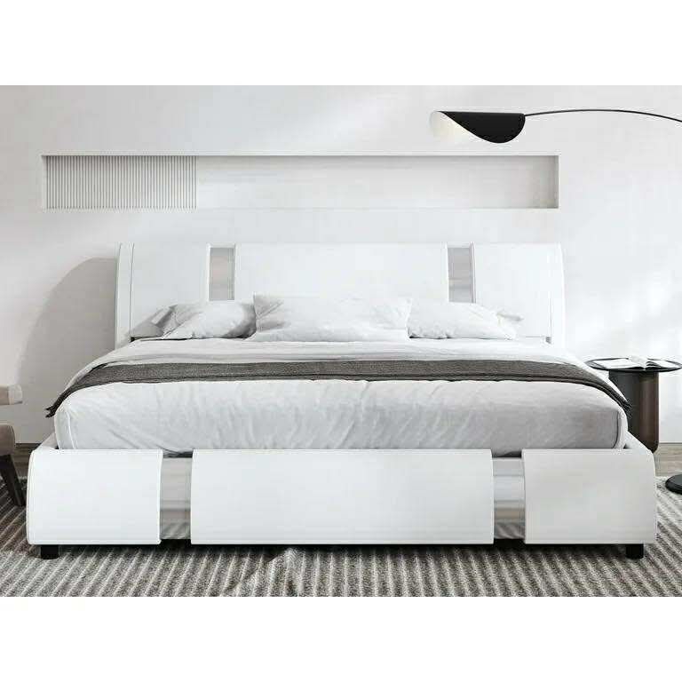 King Size Platform Bed Frame with Delux Iron Pieces Decor and Modern Faux Leather, White