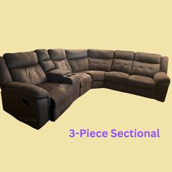 Used Brown 3-Piece Sectional w/ reclining seat, cup holders, storage