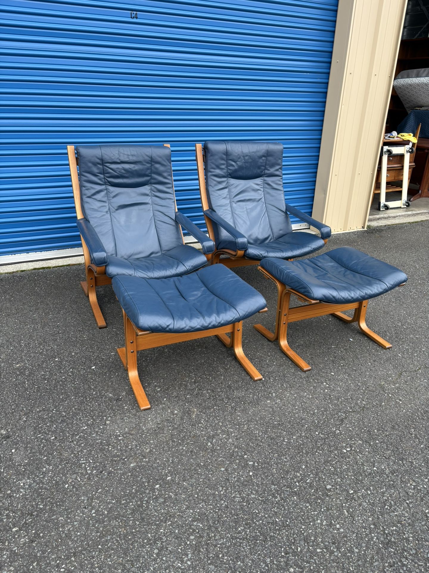 Mid Century Modern Norwegian Teak And Leather Westnofa Siesta Arm Chairs With Ottomans