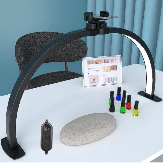 Half Moon Light for Nail Desk, 29In 40W Nails Tech Light with Phone Stand, 10 Adjustable Brightness, 3 Color Temperature Led Desk lamp for Nail, Tatto