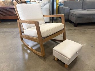 Modern Rocking Chair with Oatmeal Beige Upholstery and Petite Ottoman