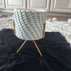 Turquoise white ceramic flower pot with gold tripod stand