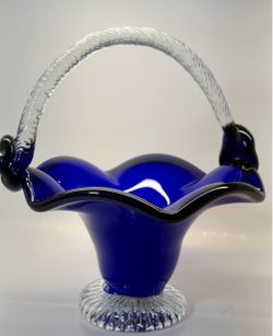 Fenton Cobalt Blue Basket 8.5" tall Clear Twisted Handle