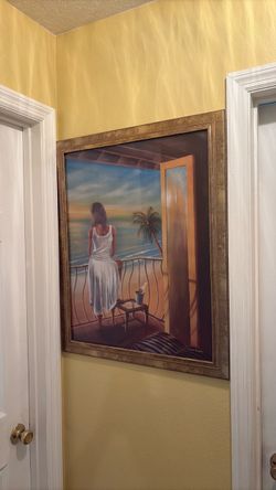 Framed Tropical Balcony Scene Painting