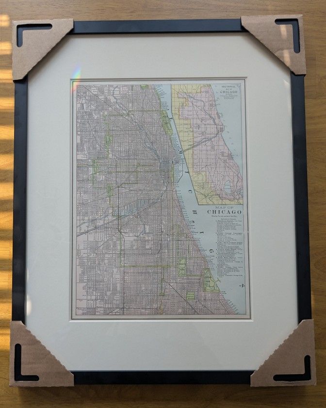 Framed Vintage Chicago City Map Cram's World Atlas -1897