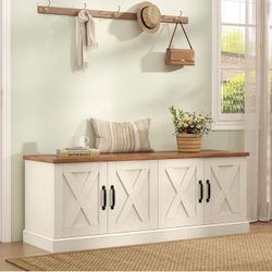 47.2" Shoe Storage Bench, Farmhouse Entryway Bench with 4 Doors & Adjustable Shelves