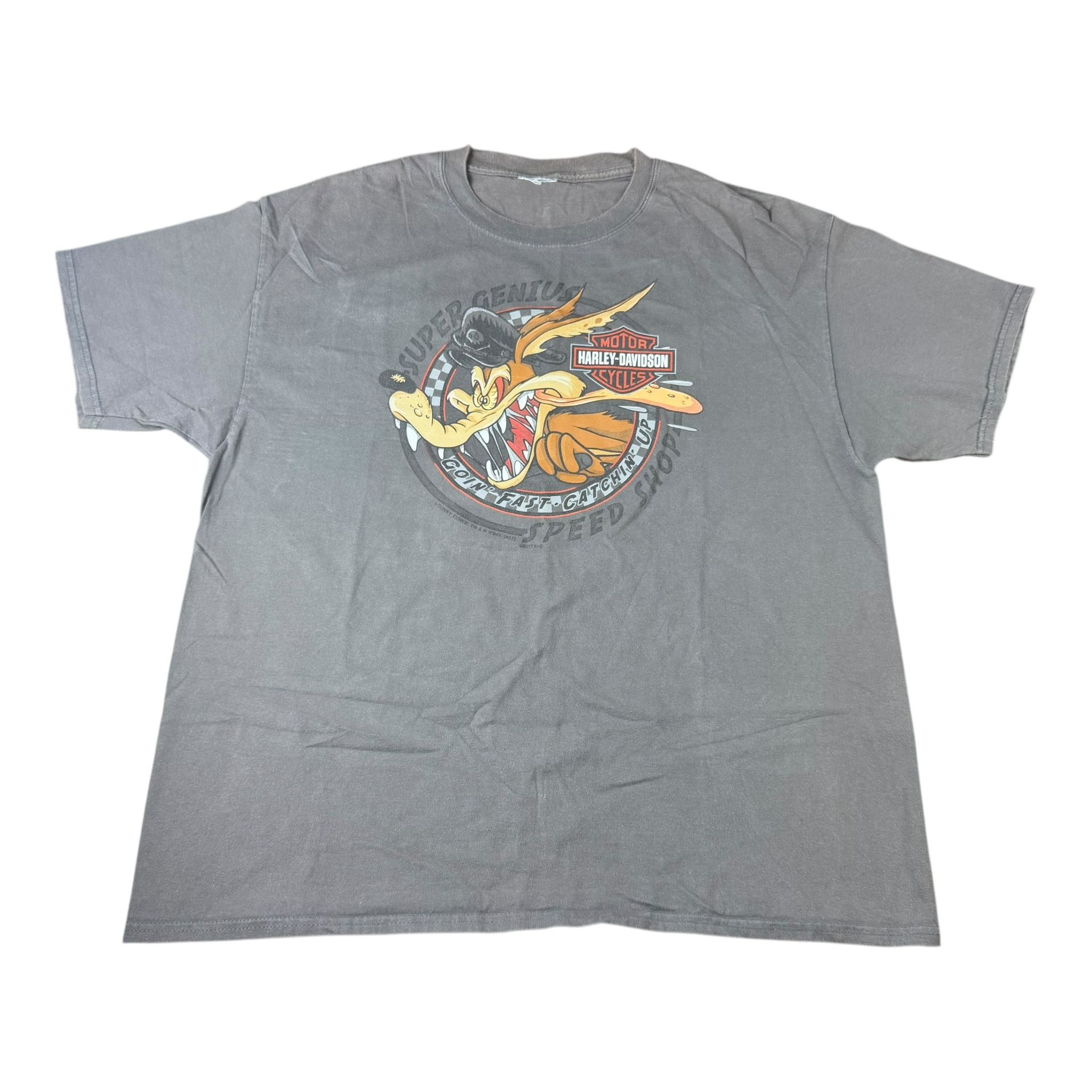 Y2K Harley-Davidson Looney Tunes “Super Genius Speed Shop” Wile E. Coyote Rock-N-Roll City Cleveland Ohio Biker Graphic Logo T-Shirt Adult Size XL
