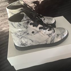 Balenciaga White Marble-Print High-Top Sneakers with Black Accents