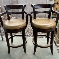 2  SWIVEL 30” Bar Stools- Mahogany Colored  Wood  & Leather .