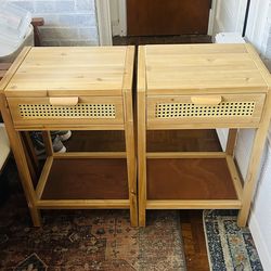 Two wooden rattan drawer end tables