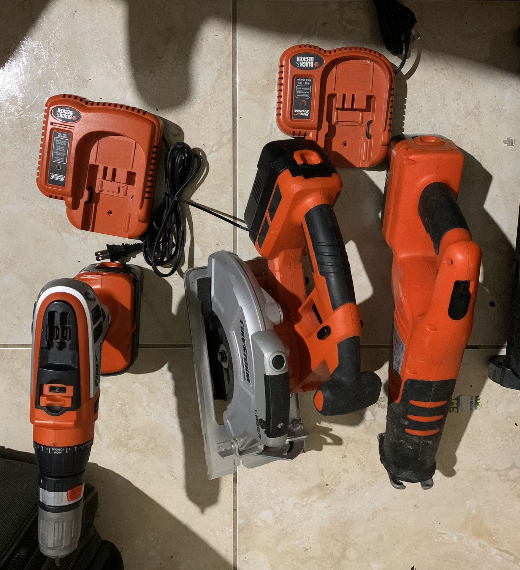 Black and Decker Storm Drill and Turns to Impact Drill, Circular Saw , Saw, all have Batteries and and 2 Fast chargers No Trades/ Pick Up Only