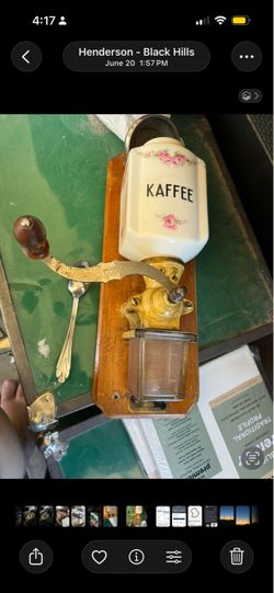 Vintage German Ceramic and Wood Wall-Mounted Coffee Grinder