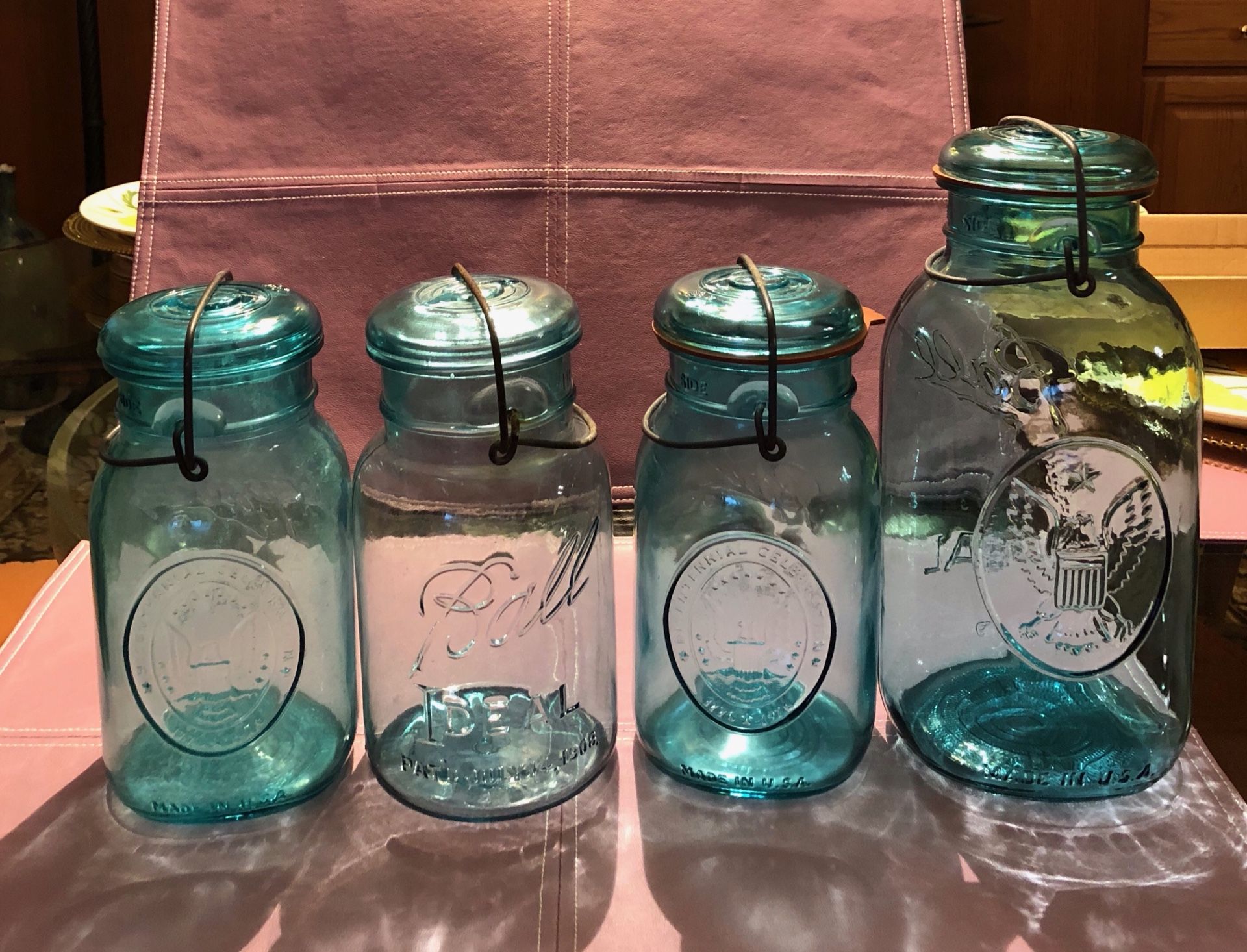 4 Ideal Ball Mason Jars - one jar is a Bicentennial Eagle 1776-1976 Blue half gallon