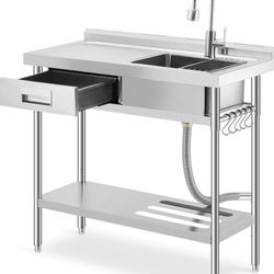 Garvee 39" Stainless Steel Utility Sink with Left Workbench & Drawer