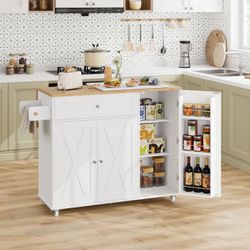 Kitchen Island with Storage, Island Table on Wheels with Drop Leaf, Spice Rack, Drawer, Towel Rack, Rolling Kitchen Island Cart 