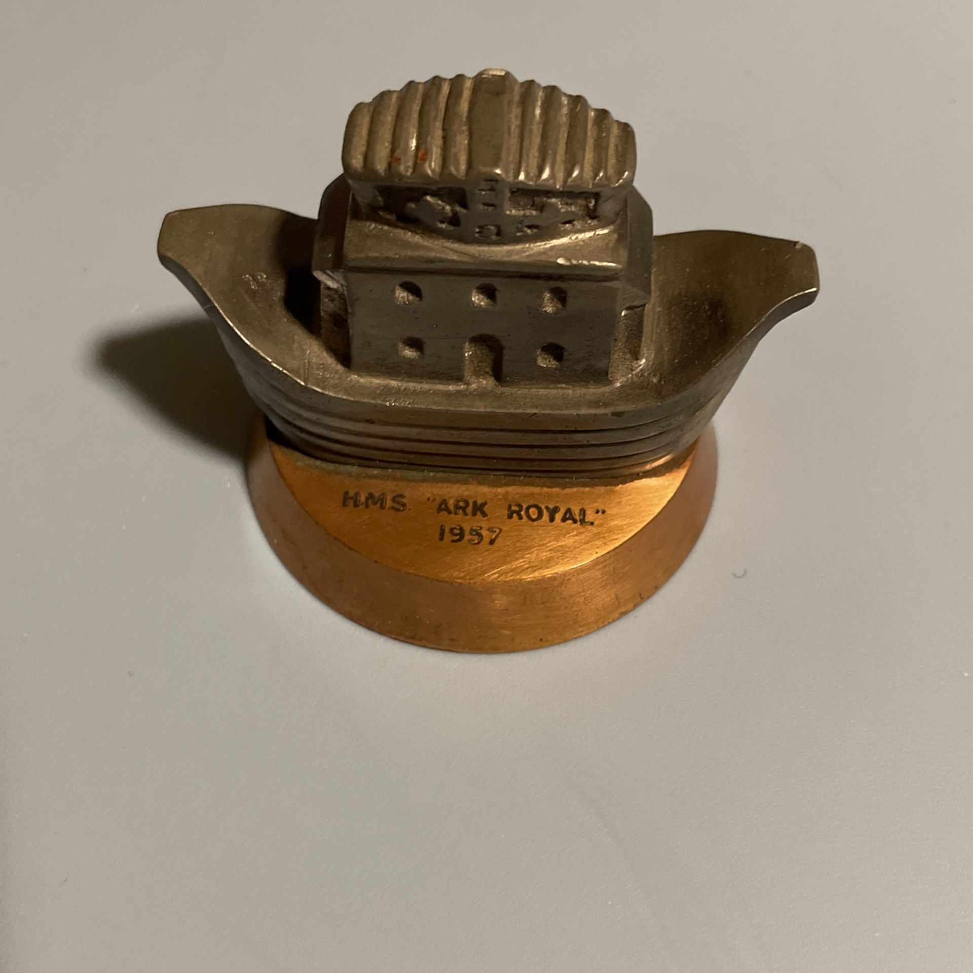 Vintage Brass And Pewter Paperweight. HMS ARK ROYAL 1957.