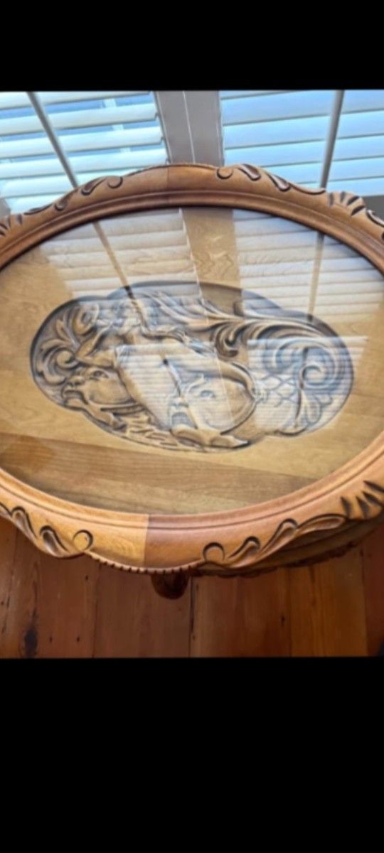 🌿 Exquisite Hand-Carved Solid Teakwood cherub Table with Glass serving tray