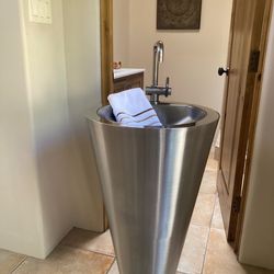Neo-Metro Stainless Steel Pedestal Sink + Designer Faucet | Architectural Statement Piece