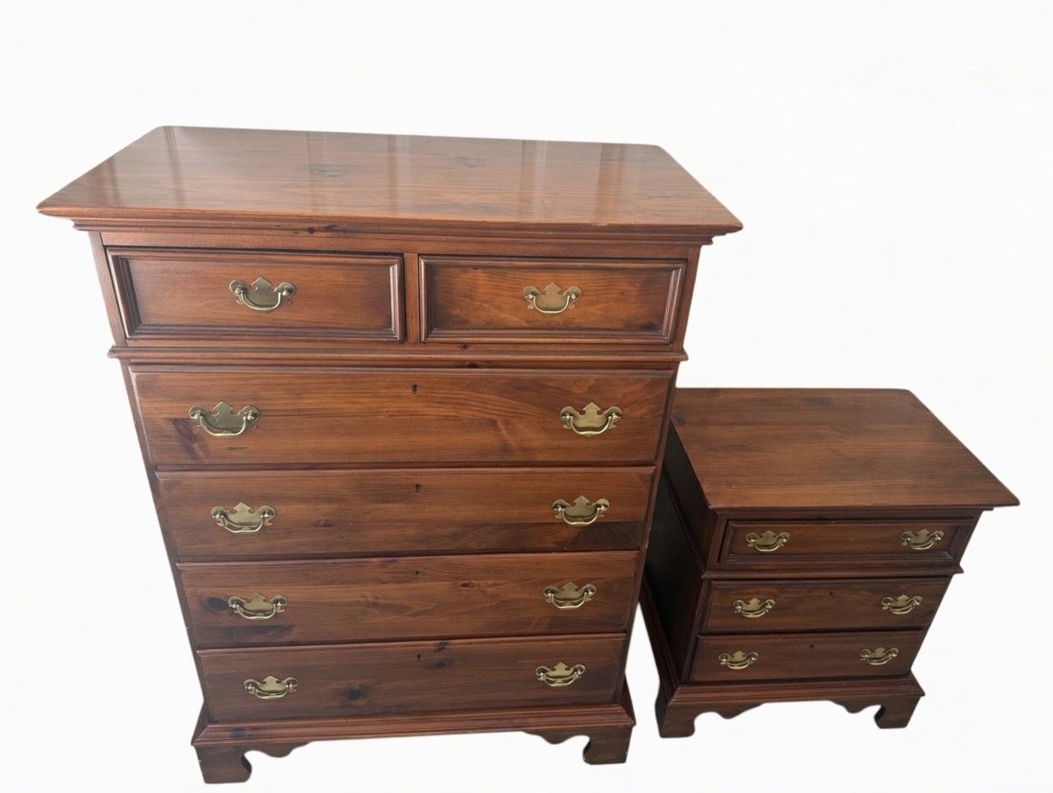 LEXINGTON Cherry Six Drawer Chest & Matching Nightstand Bedside Table Swing Brass Pulls EUC Clean