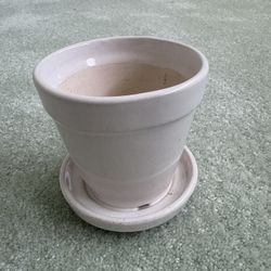 Vintage Glazed White Flower Pot With Attached Saucer 3.75” Tall