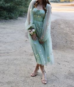 Tulle Flower Embroidery Puffy Sleeve Dress Sage Green 