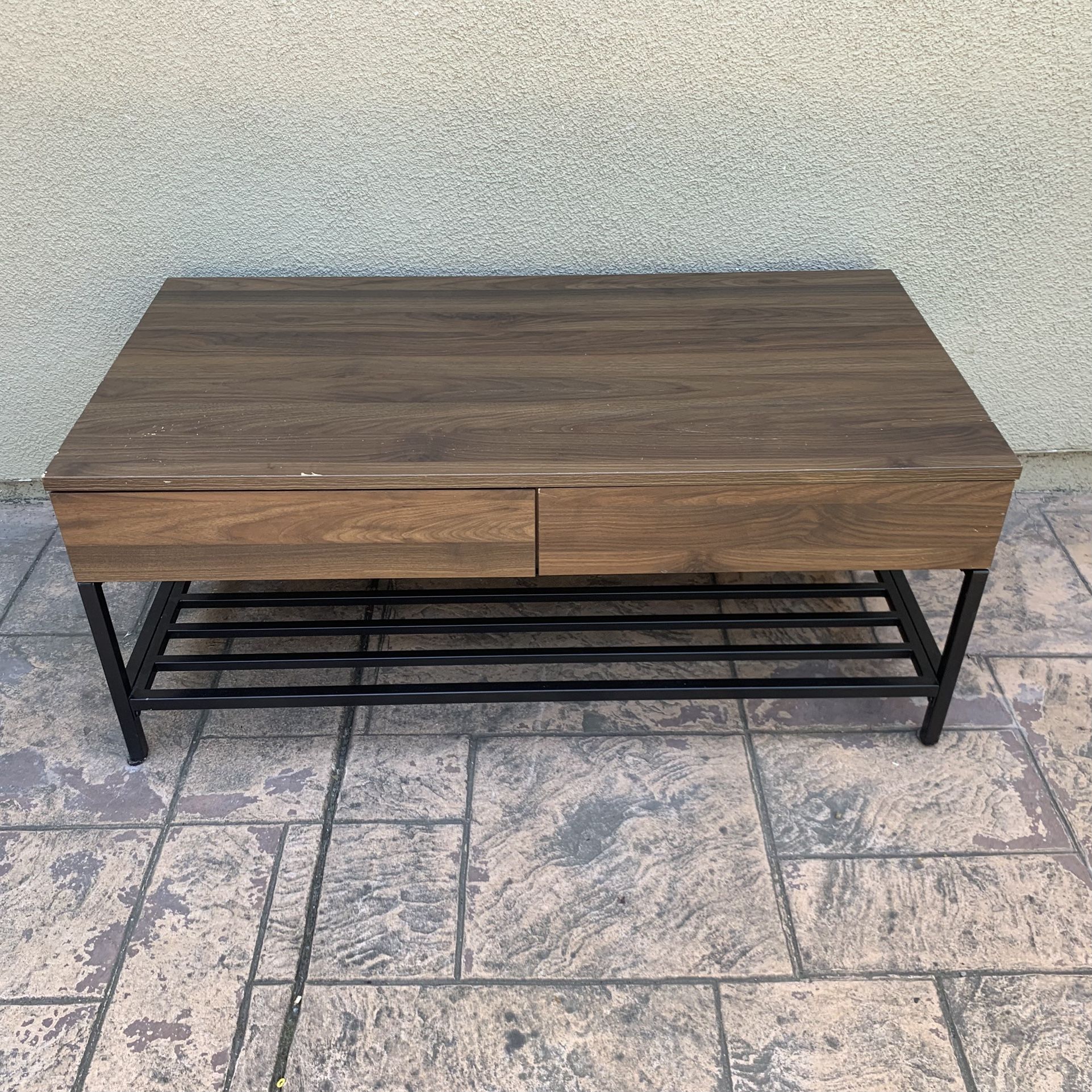 Modern Coffee Table | Can Deliver | Walnut Veneer | 2 Drawers + Lower Shelf | Black Metal Frame