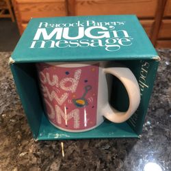 Brand new Coffee Cup with Proud New Mom”written on it.  By Peacock Papers Mug’n Message.  Dishwasher and microwave safe.  Size 3 3/4 inches tall and 3