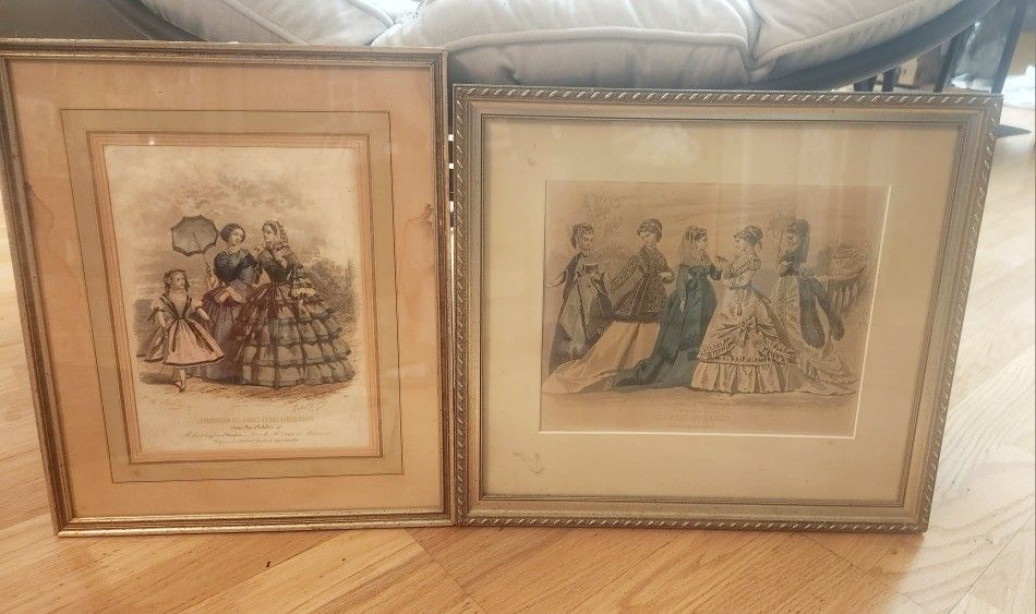 X2 Antique Framed French Colored Lithographs