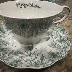 Two Sets Tea Cups & Saucers By Elegance NEW! Merry Christmas written In 24k Gold