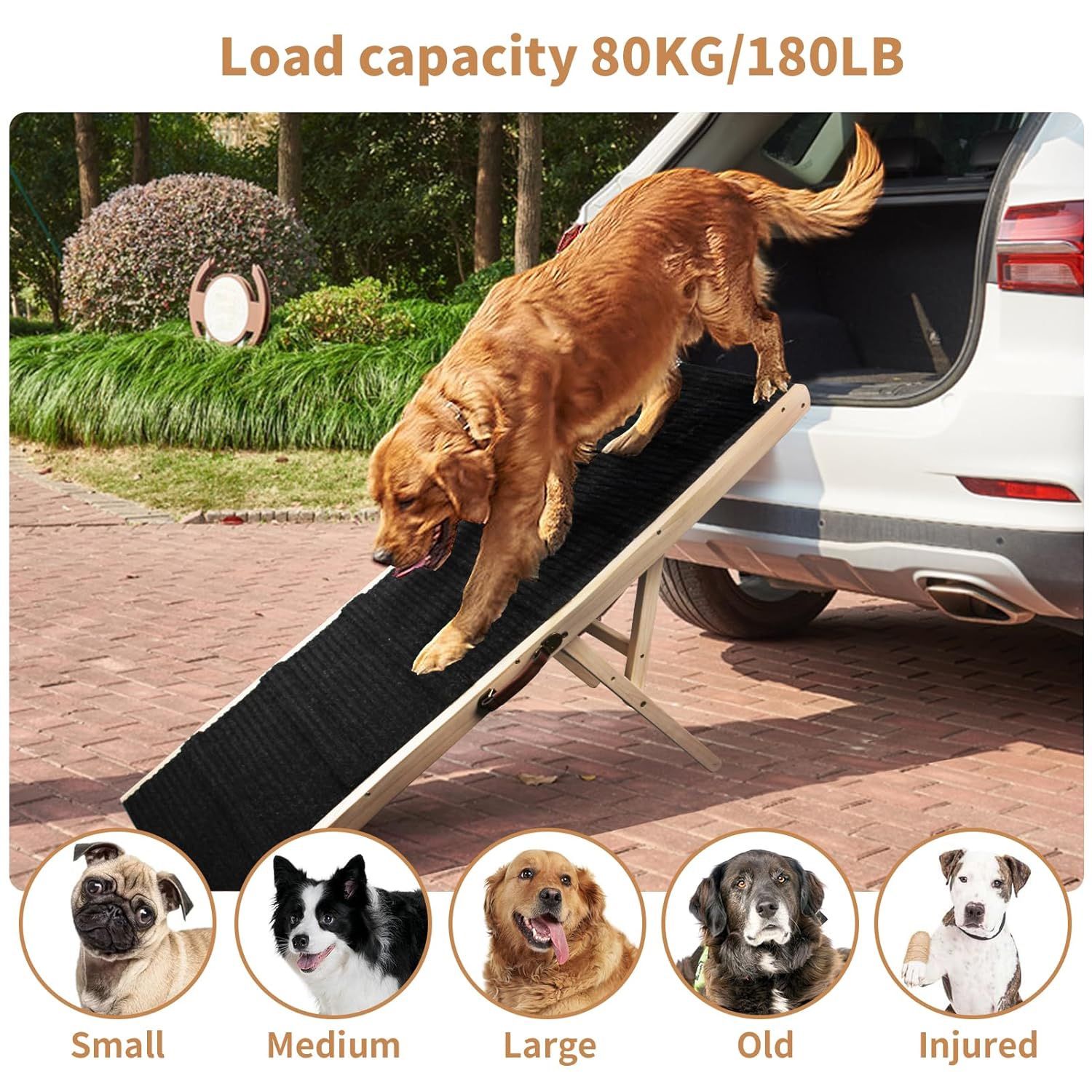 Adjustable Wooden Dog Ramp — Foldable — Non-Slip — For Bed, Couch, SUV (43” Long | 7 Heights 14–26”)