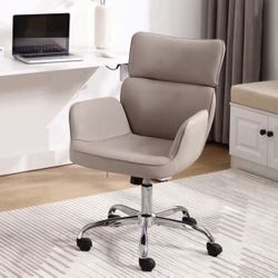 Home Office Chair with Wheels, Adjustable Height Swivel Mid-Back Armchair Task Chair, Modern PU Leather Ergonomic Tilt Computer Desk Vanity Chair for 