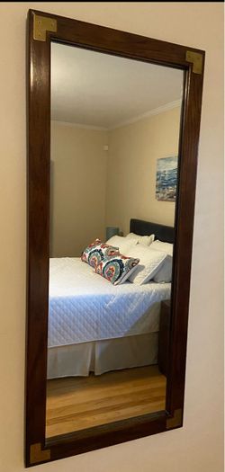 Campaign Style Full Length Wood and Brass Mirror 19”W x 45”H