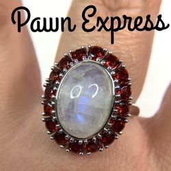 Sterling Silver Moonstone with Synthetic Garnet Ring 