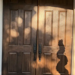 Front double door solid- with frame / keys - 95 each long / 36 inches each door .  Brown color is exterior and white is interior of the same double do