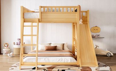 Full Size Loft Bed with upholstered headboard and storage shelves, complete with ladder and slide, Natural