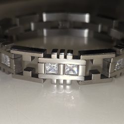 8¾" Unisex Silver Tone with Crystal Stones Stainless Steel 