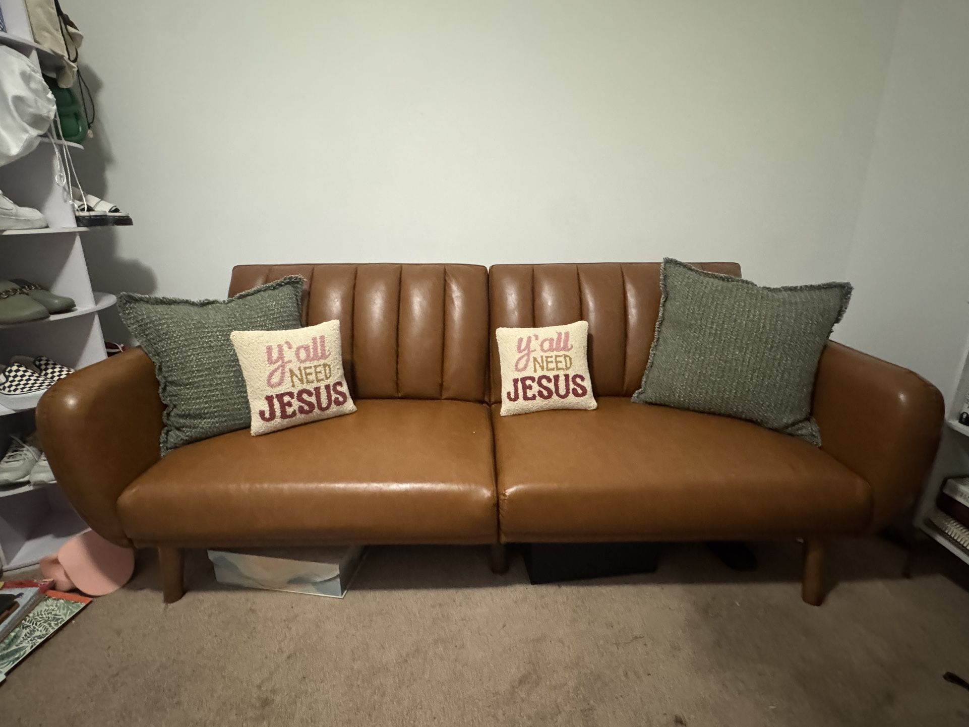 Modern Upholstered Convertible Sofa, Caramel Faux Leather