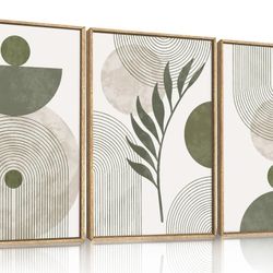Large Sage Green Boho Botanical Framed Canvas Wall Art Set of 3 Beige and Green - 24 × 36 @