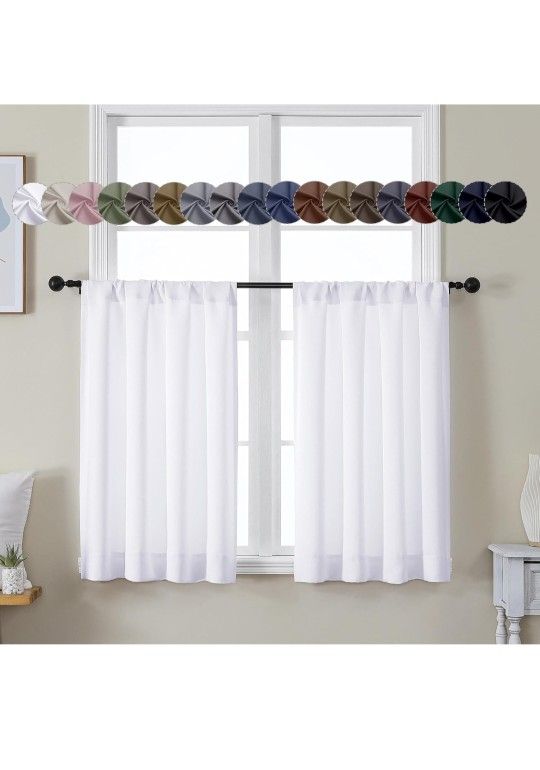 Simplebrand Ava Pure White Curtains 36 Inches Long 2 Panels, Light Filtering Half Window Rod Pocket Privacy Short Curtains, Thermal Insulated Curtain 