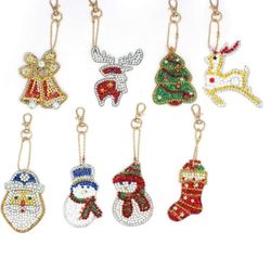8 Pcs Christmas Themed DIY Diamond Painting Keychain Handicraft 