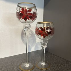 Set Of 2 Poinsettia Glass Candle Holders In Good Condition, $13 For Both, No Holds, Trades Or Deliveries, Same Day Pick Up