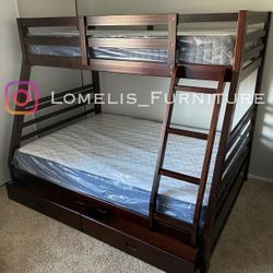 Twin/Full Expresso Bunk bed w. Drawers & Ortho Mattresses Included 