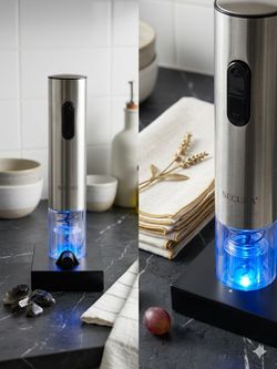 Secura Electric Wine Opener, Stainless steel electric wine opener with charging base.