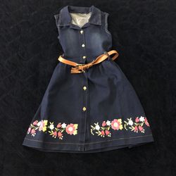 Girls Floral Jean Denim Dress Button Down Front size 6 with Belt